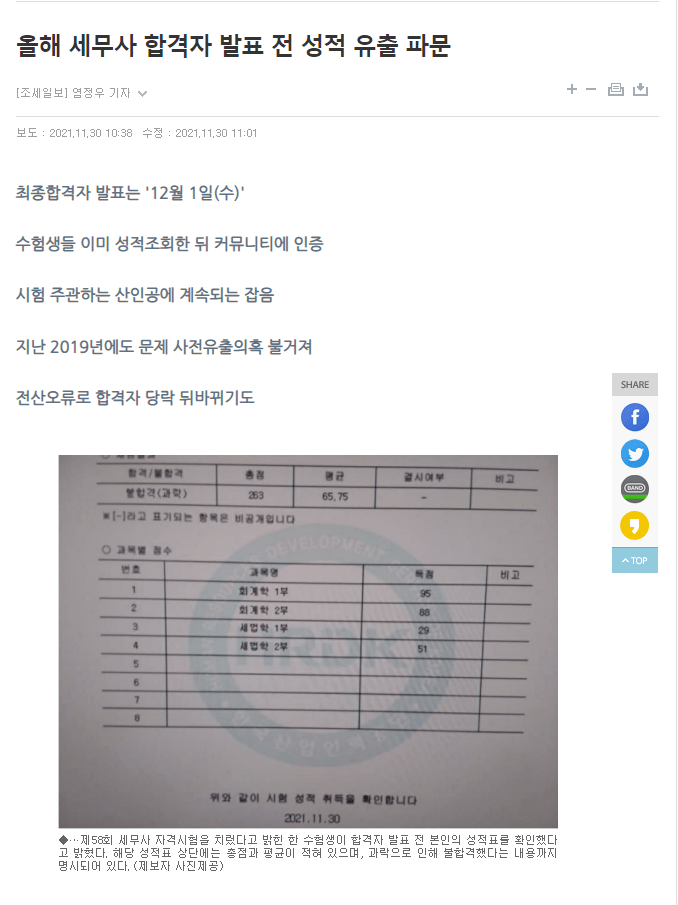 image.png 세무사 2차시험 성적유출 논란.news