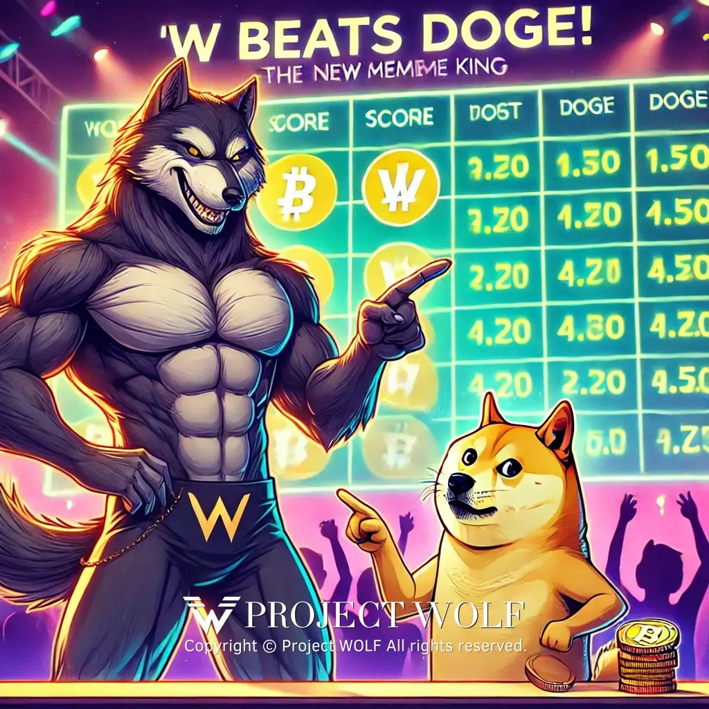 DALL·E 2024-10-10 22.12.21 - A powerful wolf standing triumphantly in front of a scoreboard, showing ',W', coin in .jpg