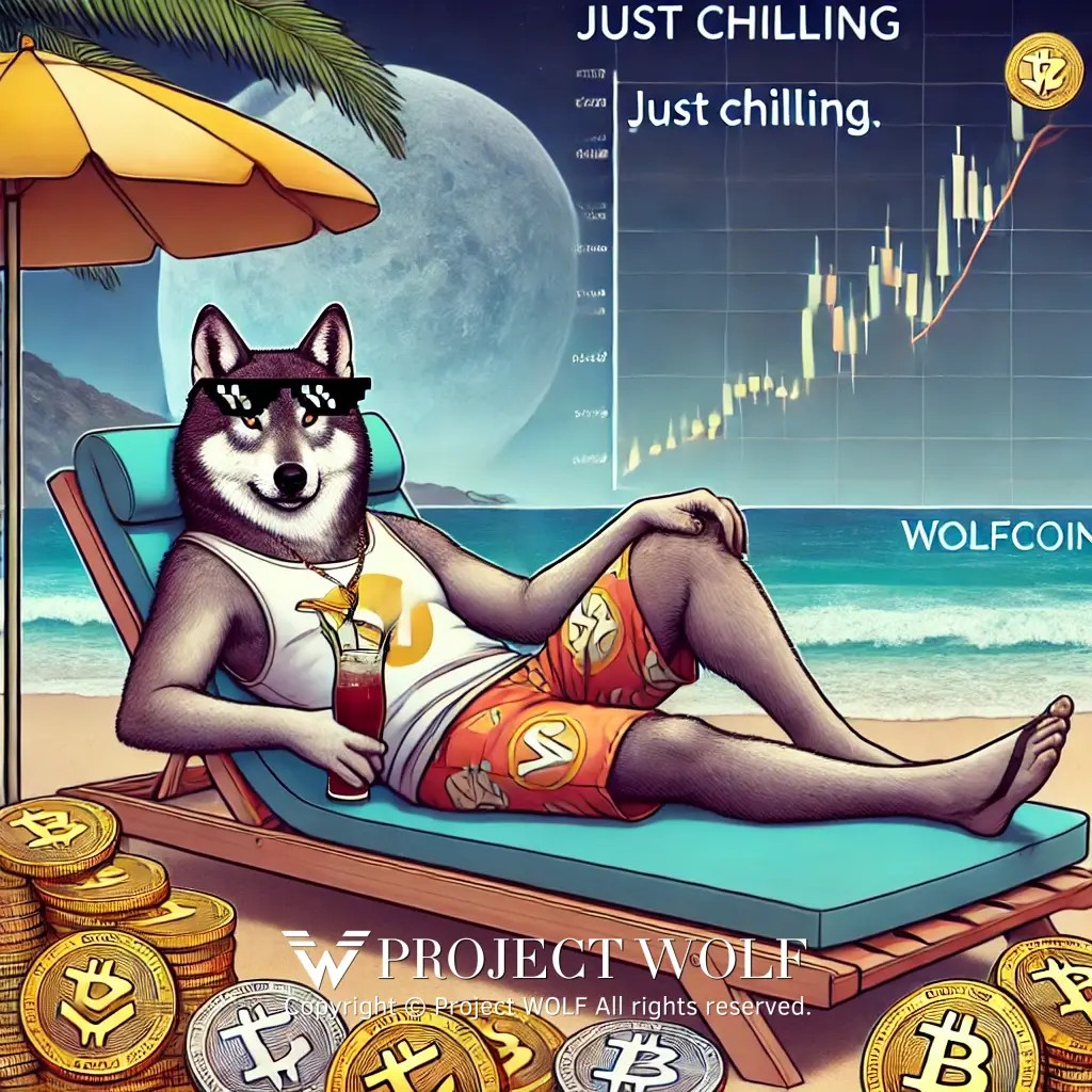 DALL·E 2024-10-11 23.47.54 - A humorous meme featuring a relaxed wolf lounging on a pile of ',W', coins, wearing su.jpg