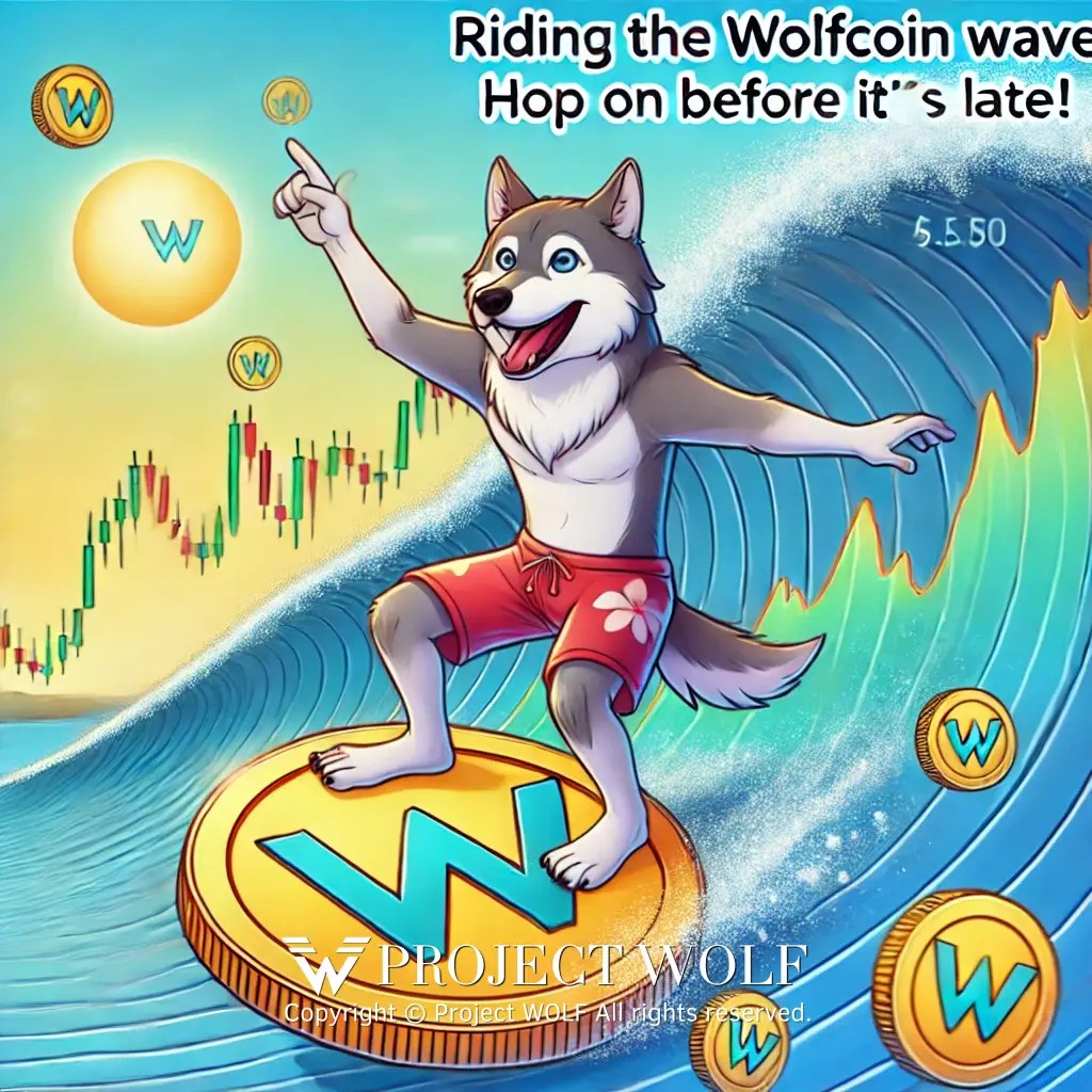 DALL·E 2024-10-11 23.50.08 - A fun and lighthearted meme featuring a wolf surfing on a giant ',W', coin, riding a w.jpg