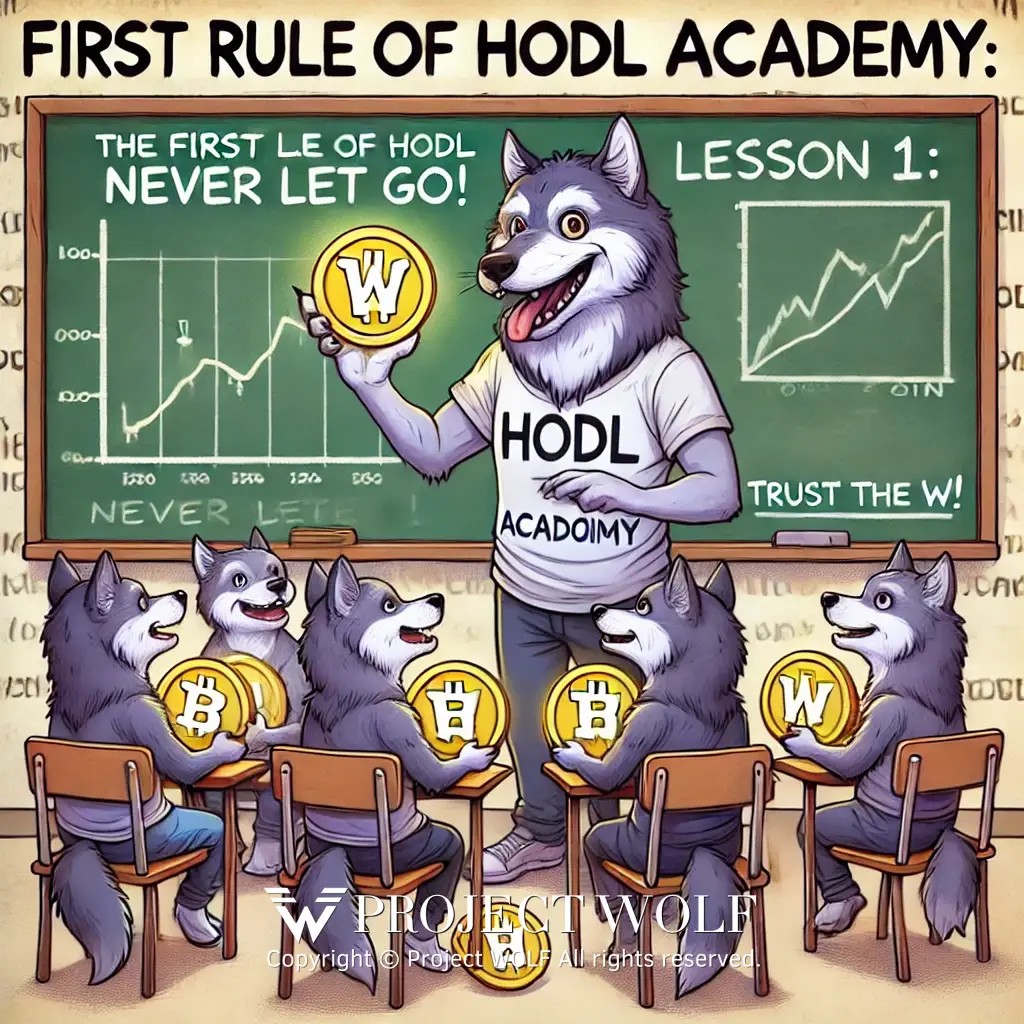 DALL·E 2024-10-13 23.27.05 - A funny cartoon-style scene featuring wolves sitting in a classroom for ',HODL Academy.�.jpg