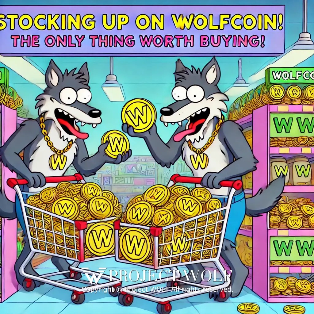 DALL·E 2024-10-13 23.49.33 - A funny cartoon parody in the style of The Simpsons, featuring wolves shopping in a supermarke.jpg