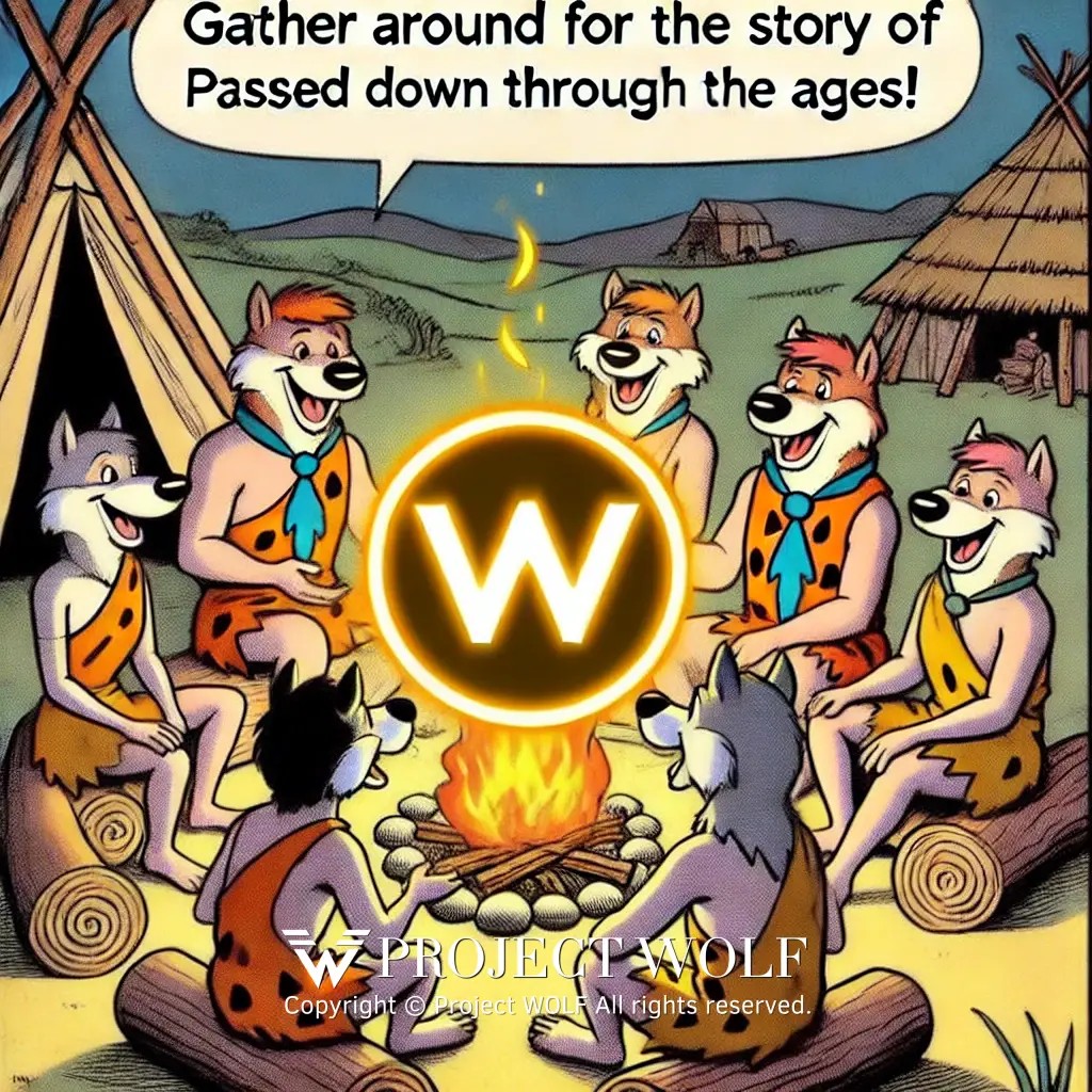 DALL·E 2024-10-14 23.40.54 - A Flintstones-style meme featuring wolves sitting around a campfire in a prehistoric setting, .jpg