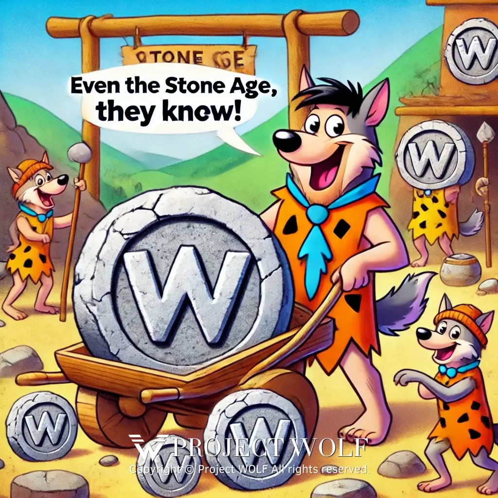 DALL·E 2024-10-14 23.41.55 - A Flintstones-style meme featuring wolves dressed in prehistoric outfits, using large stone &#.jpg