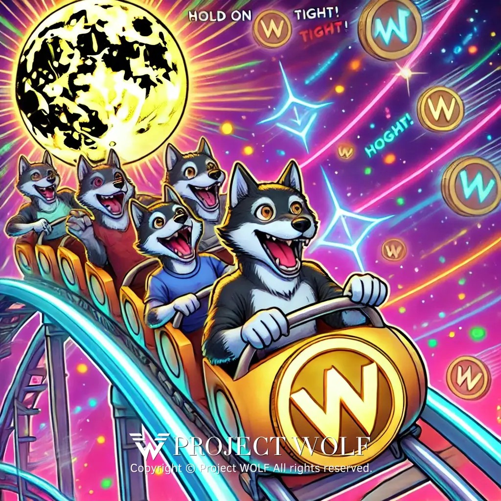 DALL·E 2024-10-14 23.37.00 - A playful meme showing a group of wolves riding a roller coaster, each holding a glowing '.jpg