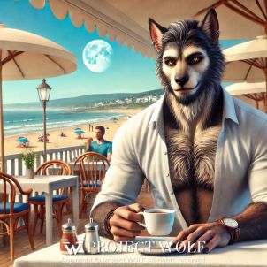 Project  Wolf / drinking coffee at a beachside