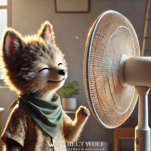 Baby Wolf in front of the fan