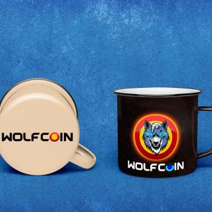 A mug with the symbol of Wolfcoin shining brightly