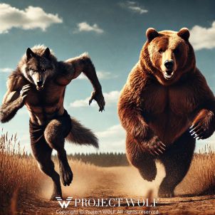 Wolf in a running battle with a bear