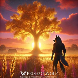 a giant golden tree and a wolf