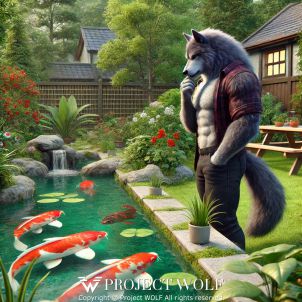 Wolf watching carp in the garden