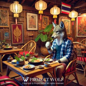 Wolf eating Thai food