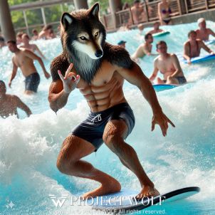 Project  Wolf / wolf rides a surfboard