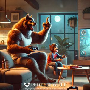 Wolf playing a video game with his son