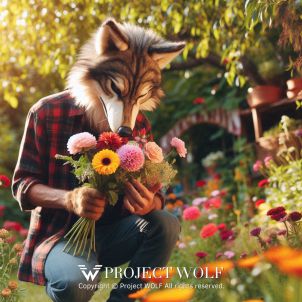 Project Wolf / Wolf holding flowers