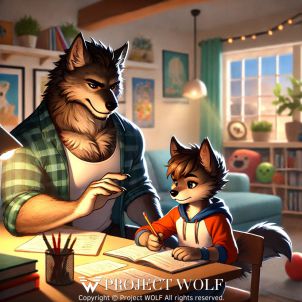 Wolf is teaching his son to study