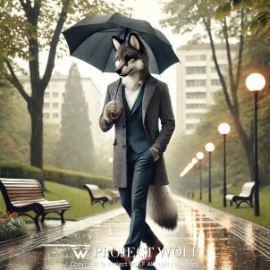 Wolf taking a walk on a rainy day