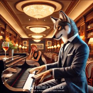 Wolf playing the piano in a restaurant