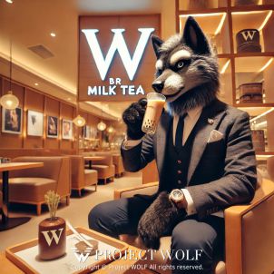 Wolf drinking milk tea