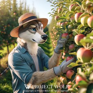 Wolf Harvesting Apples in Orchard