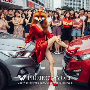 Project Wolf / Fox in red set between cars