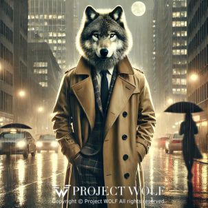 project WOLF/wolf stands in the rcity streets at night