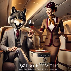 project WOLF/The wolf is enjoying a glass of wine while having a leisurely flight in first class.