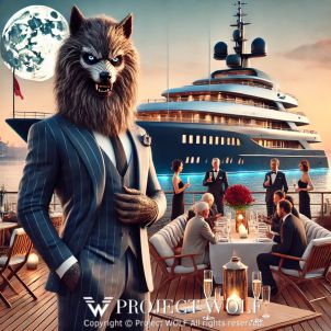 Project Wolf / standing confidently at a yacht party.