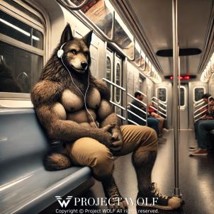 Wolf listening to music on the subway