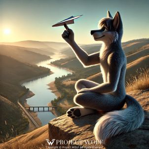 Wolf flying a paper plane