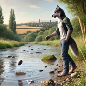 Wolf spending time in the river in the countryside